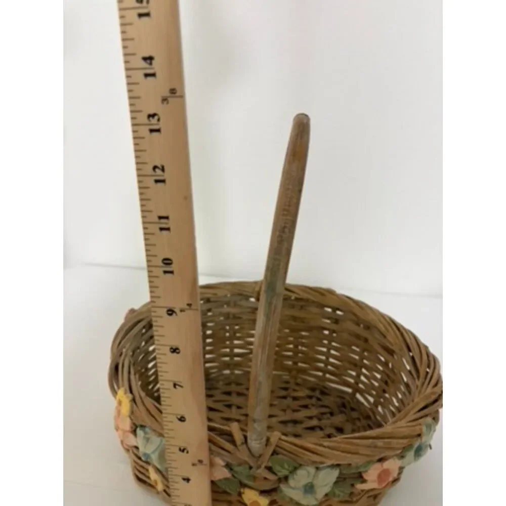 vtg. Woven Basket with ceramic flowers